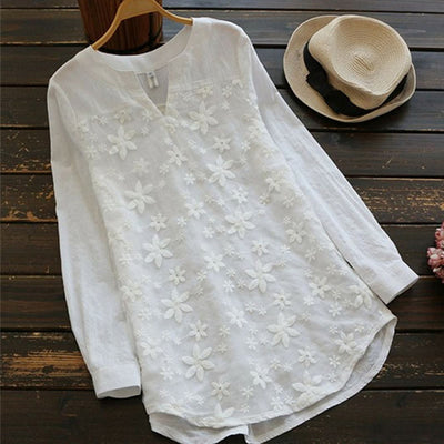 Buddha Stones V Neck Casual Long Sleeve Shirt Cotton Linen Women's Shirts