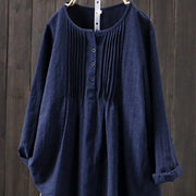 Buddha Stones Round Neck Casual Pleated Long Sleeve Shirt Cotton Linen Women's Shirts