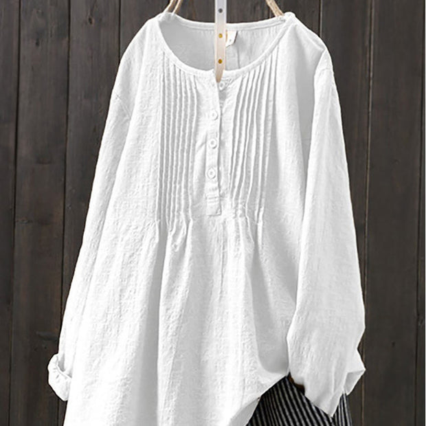 Buddha Stones Round Neck Casual Pleated Long Sleeve Shirt Cotton Linen Women's Shirts