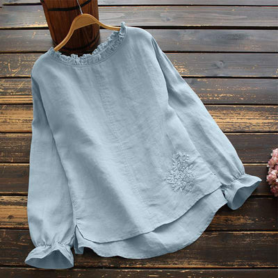 Buddha Stones Casual Ruffles Long Sleeve Round Neck Shirt Cotton Linen Women's Shirts