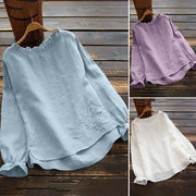 Buddha Stones Casual Ruffles Long Sleeve Round Neck Shirt Cotton Linen Women's Shirts