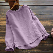 Buddha Stones Casual Ruffles Long Sleeve Round Neck Shirt Cotton Linen Women's Shirts