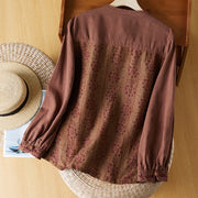 Buddha Stones Casual Button Long Sleeve Round Neck Cotton Linen Women's Shirts