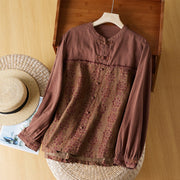 Buddha Stones Casual Button Long Sleeve Round Neck Cotton Linen Women's Shirts