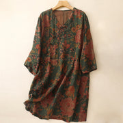 Buddha Stones Casual Printing Button V Neck Cotton Linen Women's Shirts