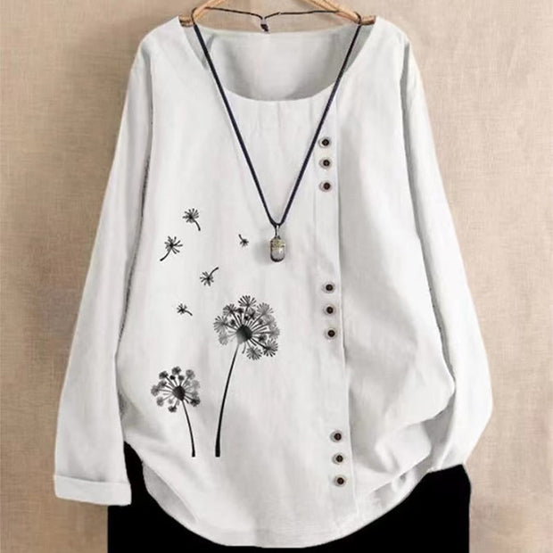 Buddha Stones Casual Dandelion Long Sleeve Round Neck Shirt Cotton Linen Women's Shirts