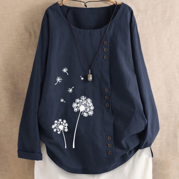 Buddha Stones Casual Dandelion Long Sleeve Round Neck Shirt Cotton Linen Women's Shirts