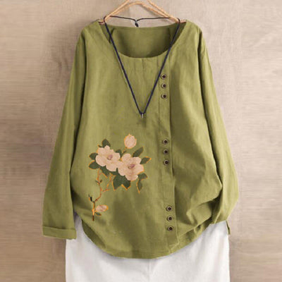 Buddha Stones Casual FLowers Long Sleeve Round Neck Shirt Cotton Linen Women's Shirts