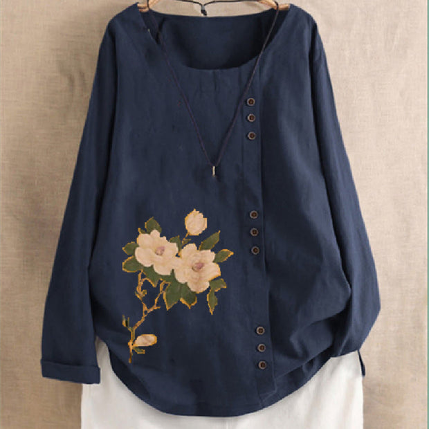 Buddha Stones Casual FLowers Long Sleeve Round Neck Shirt Cotton Linen Women's Shirts