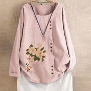 Buddha Stones Casual FLowers Long Sleeve Round Neck Shirt Cotton Linen Women's Shirts