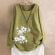 Buddha Stones Casual Floral Long Sleeve Round Neck Shirt Cotton Linen Women's Shirts