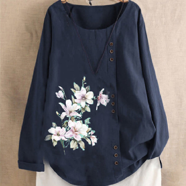 Buddha Stones Casual Floral Long Sleeve Round Neck Shirt Cotton Linen Women's Shirts