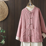 Buddha Stones Solid Color Casual Frog-button Ruffle Collar Cotton Linen Women's Jacket Shirts Clothing Women's Jacket Shirts BS LightPink US/UK/AU40，EU50 (2XL)