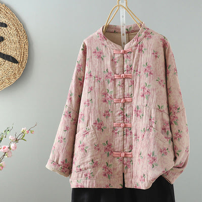 Buddha Stones Casual Frog-button Stand Collar Flower Cotton Linen Women's Jacket Shirts Clothing