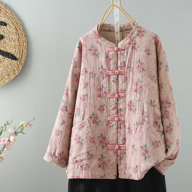 Buddha Stones Casual Frog-button Stand Collar Flower Cotton Linen Women's Jacket Shirts Clothing Women's Jacket Shirts BS LightPink US/UK/AU40，EU50 (2XL)