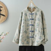 Buddha Stones Casual Frog-button Stand Collar Flower Cotton Linen Women's Jacket Shirts Clothing Women's Jacket Shirts BS MediumAquamarine US/UK/AU40，EU50 (2XL)