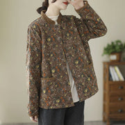 Buddha Stones Winter Floral Plaid Warm Long Sleeve Cotton Jacket With Pockets