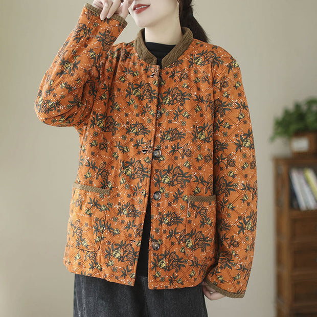 Buddha Stones Winter Floral Plaid Warm Long Sleeve Cotton Jacket With Pockets