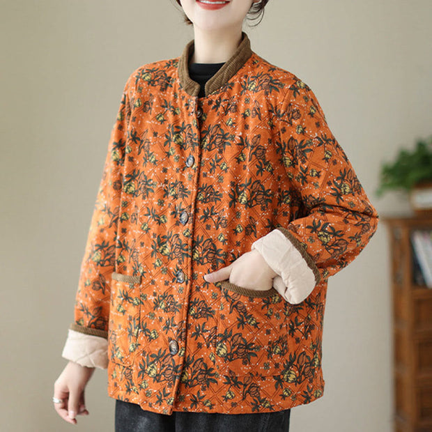 Buddha Stones Winter Floral Plaid Warm Long Sleeve Cotton Jacket With Pockets