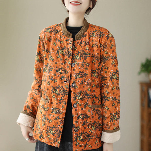 Buddha Stones Winter Floral Plaid Warm Long Sleeve Cotton Jacket With Pockets Women's Jacket BS 13