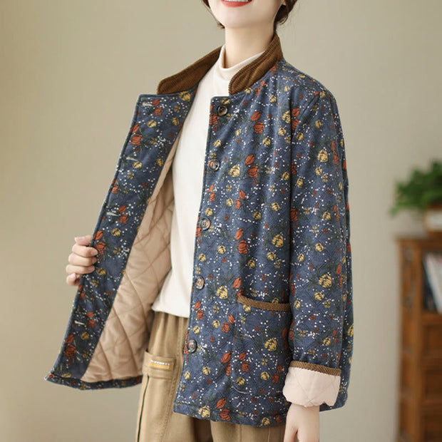 Buddha Stones Winter Floral Plaid Warm Long Sleeve Cotton Jacket With Pockets Women's Jacket BS 4