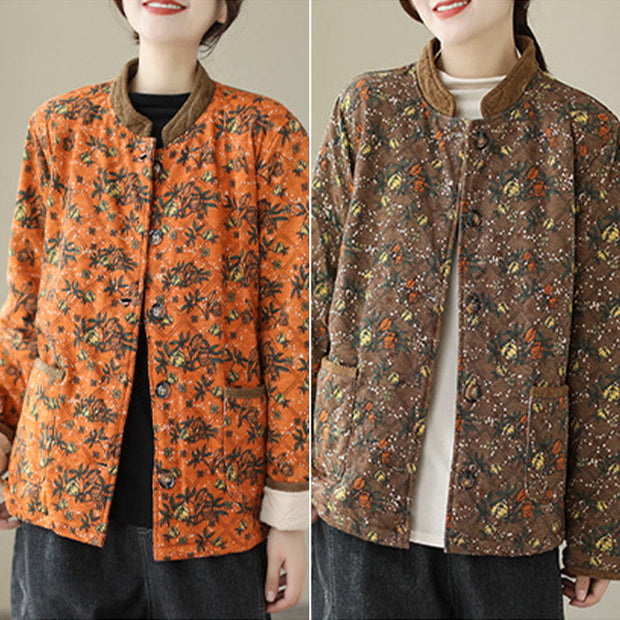 Buddha Stones Winter Floral Plaid Warm Long Sleeve Cotton Jacket With Pockets Women's Jacket BS 24