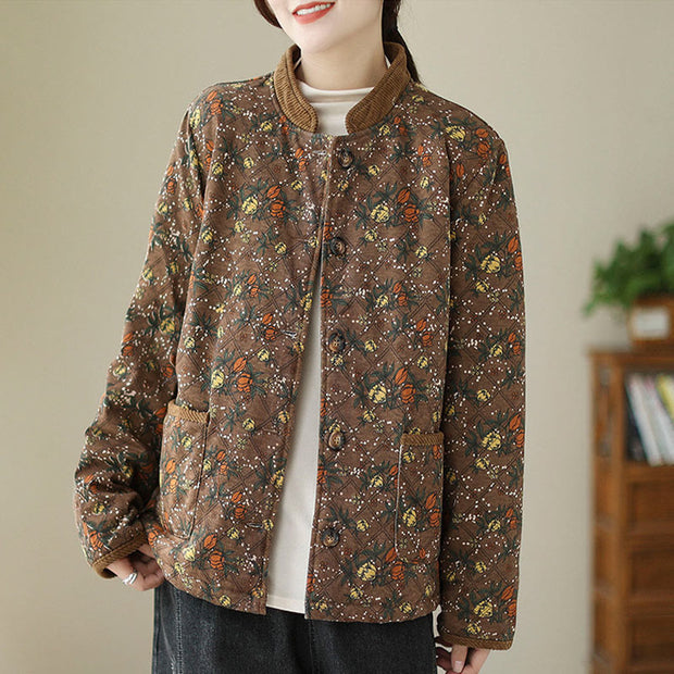 Buddha Stones Winter Floral Plaid Warm Long Sleeve Cotton Jacket With Pockets