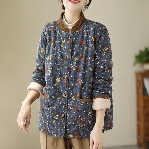 Buddha Stones Winter Floral Plaid Warm Long Sleeve Cotton Jacket With Pockets Women's Jacket BS 6