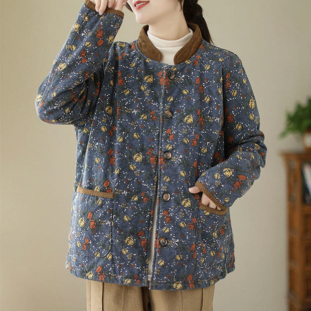 Buddha Stones Winter Floral Plaid Warm Long Sleeve Cotton Jacket With Pockets Women's Jacket BS 1