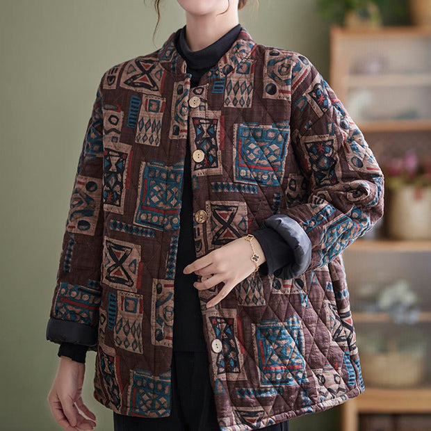 Buddha Stones Winter Square Plaid Warm Long Sleeve Cotton Jacket With Pockets