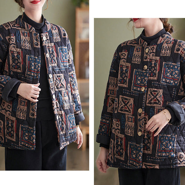 Buddha Stones Winter Square Plaid Warm Long Sleeve Cotton Jacket With Pockets Women's Jacket BS 10