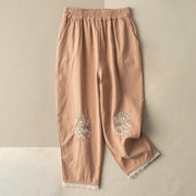 Buddha Stones Casual Lace Trim Embroidered Cotton Harem Pants With Pockets