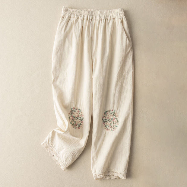 Buddha Stones Casual Lace Trim Embroidered Cotton Harem Pants With Pockets