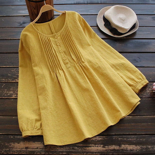 Buddha Stones Round Neck Casual Pleated Long Sleeve Shirt Cotton Linen Women's Shirts