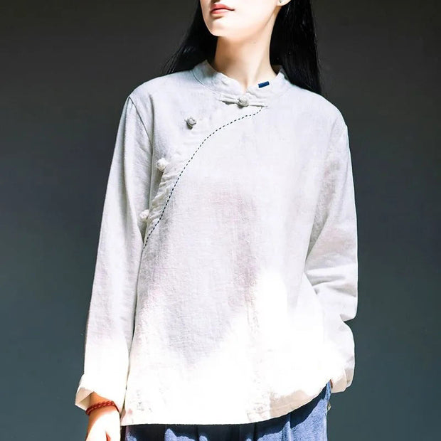 Buddha Stones Oblique Collar Knot button Cotton Loose Linen Clothing Women's Shirts BS White US14，UK/AU18，EU46 (4XL)