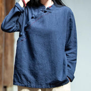 Buddha Stones Oblique Collar Knot button Cotton Loose Linen Clothing Women's Shirts BS 20