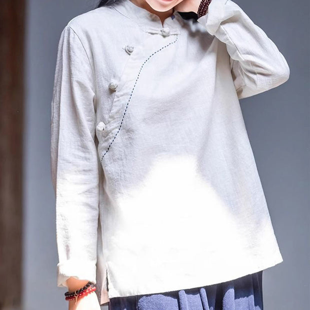 Buddha Stones Oblique Collar Knot button Cotton Loose Linen Clothing Women's Shirts BS 10