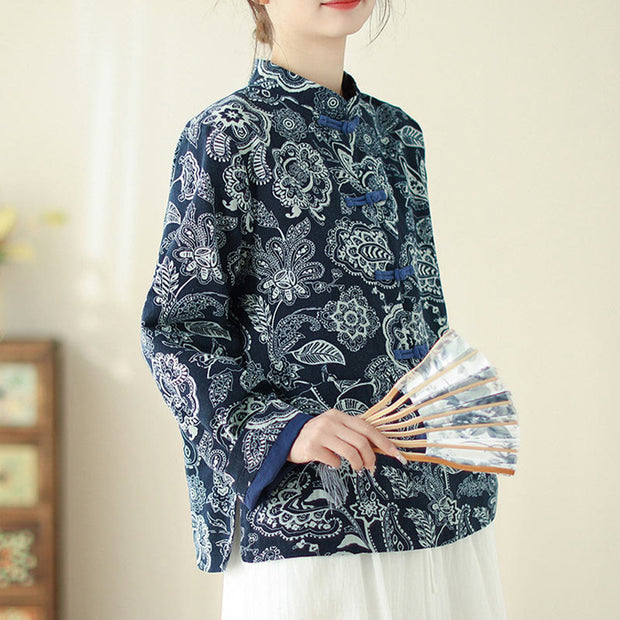 Buddha Stones Literary Artistic Flower Print Stand Collar Knot Button Cotton Linen Clothing