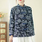 Buddha Stones Literary Artistic Flower Print Stand Collar Knot Button Cotton Linen Clothing