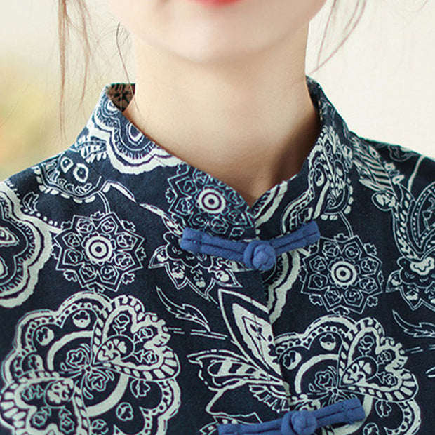 Buddha Stones Literary Artistic Flower Print Stand Collar Knot Button Cotton Linen Clothing