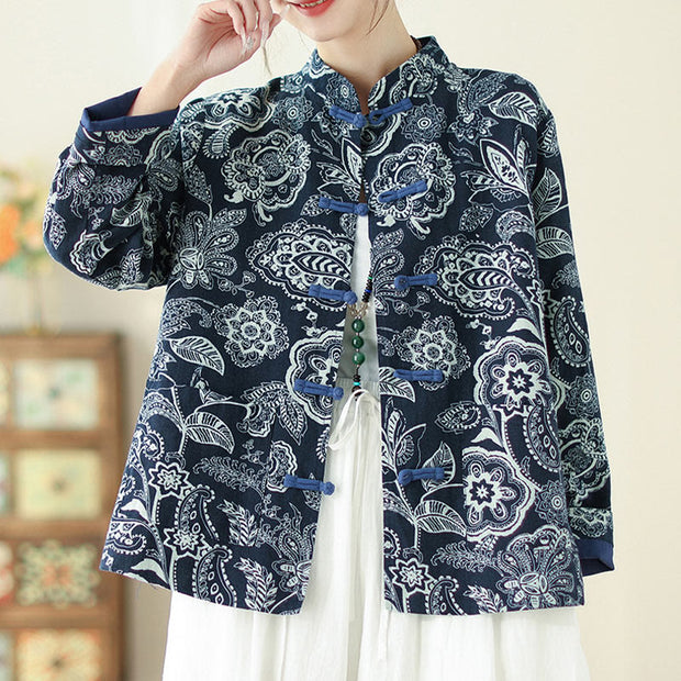 Buddha Stones Literary Artistic Flower Print Stand Collar Knot Button Cotton Linen Clothing