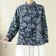 Buddha Stones Literary Artistic Flower Print Stand Collar Knot Button Cotton Linen Clothing