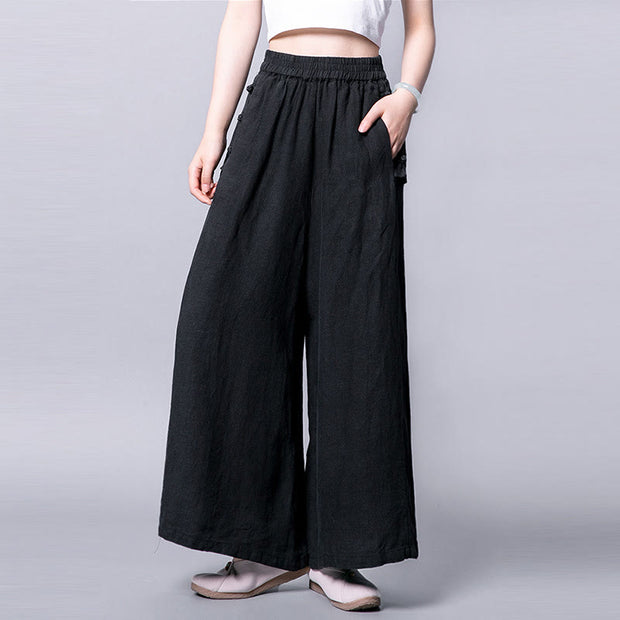 Buddha Stones Casual Cotton Frog-Button High Waist Wide Leg Pants With Pockets