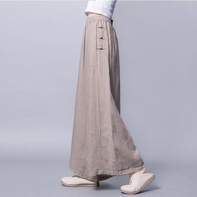 Buddha Stones Casual Cotton Frog-Button High Waist Wide Leg Pants With Pockets