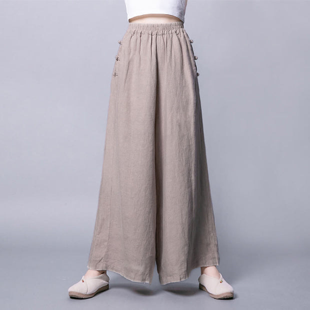 Buddha Stones Casual Cotton Frog-Button High Waist Wide Leg Pants With Pockets