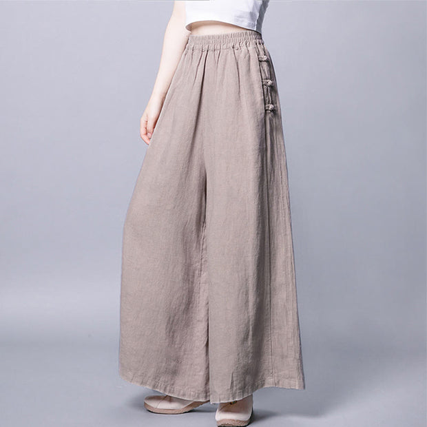 Buddha Stones Casual Cotton Frog-Button High Waist Wide Leg Pants With Pockets