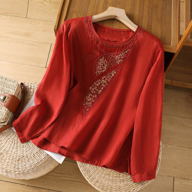 Buddha Stones Ethnic Embroidery Crew Neck Cotton Linen Pullover Clothing Women's Shirts BS Red US8-10，UK/AU12-14，EU40-42 (2XL)