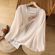 Buddha Stones Ethnic Embroidery Crew Neck Cotton Linen Pullover Clothing