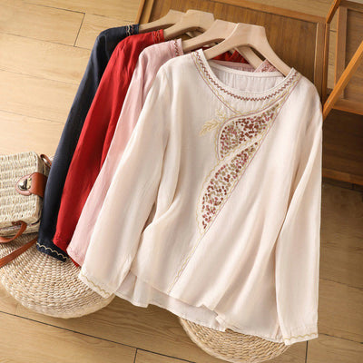 Buddha Stones Ethnic Embroidery Crew Neck Cotton Linen Pullover Clothing