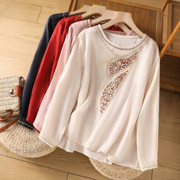 Buddha Stones Ethnic Embroidery Crew Neck Cotton Linen Pullover Clothing Women's Shirts BS main